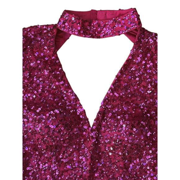 NWT Ashley Lauren V-Neck Open Back Choker Long Sleeve Sequin Fuchsia Jumpsuit 4 - Picture 5 of 8